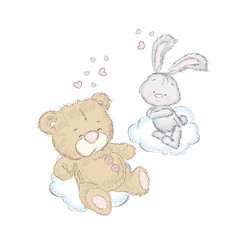 Bear and Bunny on a cloud. Postcard with cute baby animals. St. Valentine's Day. Love.