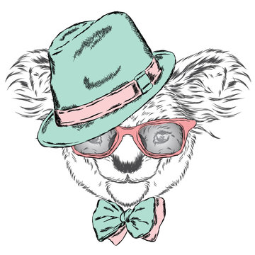 Cute koala in a cap and a tie. Koala vector. Greeting card with bear. Australia. Winter. Skier. Koala wearing glasses.