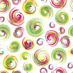 Dry brush hand drawn sketch artsy background, seamless pattern in bright happy  colours, messy grunge brush strokes, circles and swirls on white background.