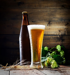 beer, bottle and hop on a wooden background

