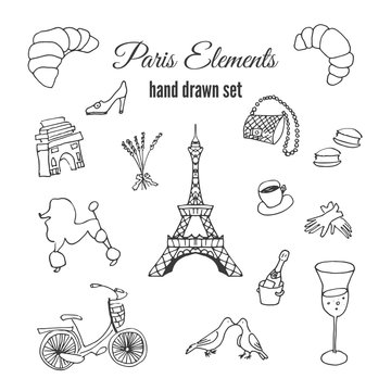 Paris illustration. Hand drawn france elements. Doodle elements on Paris theme. 