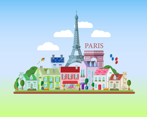 Flat stylish vector illustration for Paris, France. Travel and tourism concept. Flat design urban landscape.