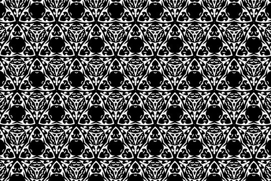 Black-and-white ornament with different elements. 
y