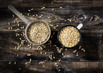 Rye and barley malt in cups on a wooden table