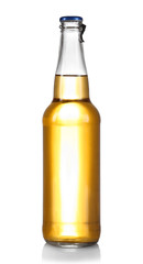 Glass bottle of lager beer on light grey background