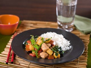Chicken Teriyaki Stir Fry with Vegetables and chopsticks
