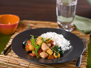 Chicken Teriyaki Stir Fry with Vegetables and chopsticks