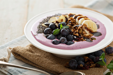 Blueberry smoothie bowl with banana and chia seeds
