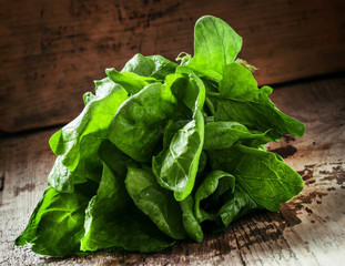 Freshly picked spinach on an old wooden table in rustic style, s