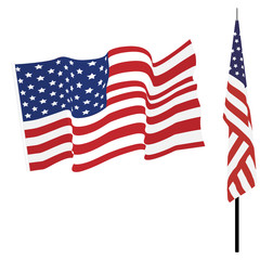 Fototapeta premium Waving american flag and flag on stand, usa flag vector set isolated