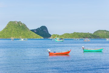 Fishing boats at the Gulf of Prachuap Bay. Fishing boats at sea Prachuap Khiri Khan Province in Thailand.
