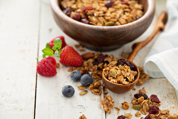 Homemade granola with milk for breakfast