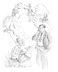 A man in a business suit with telephone. The history of communications.Drum, messenger, telegraph, radio, courier. Drawn with  pencils, drawing by hand.