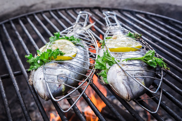 Tasty fish with herbs and lemon on grill