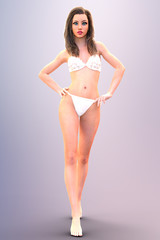 Fototapeta premium Young beautiful sexy girl in white lingerie. Woman standing in full body in candid provocative pose. Photorealistic 3D rendering.