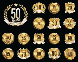 Set of Golden Anniversary Badges. Set of Golden Anniversary Signs.
Gold. 
