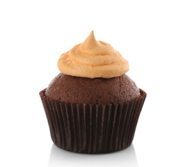 Tasty cupcake with cream, isolated on white