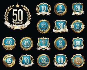 Set of Golden Anniversary Badges. Set of Golden Anniversary Signs.
Gold and Blue. 