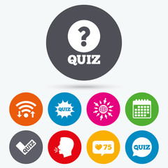 Quiz icons. Speech bubble with check mark symbol