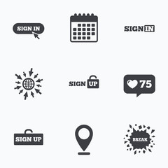 Sign in icons. Login with arrow, hand pointer.