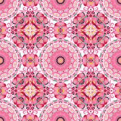 Rich with saturated colors, beautiful medieval ornament. Seamless floral pattern of circular floral elements. Vector design of mandalas.  Template for textiles, shawl, bed linen, carpets, cushions.