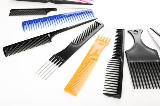Barber set with types of combs, isolated on white