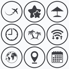 Travel trip icon. Airplane, world globe symbols.