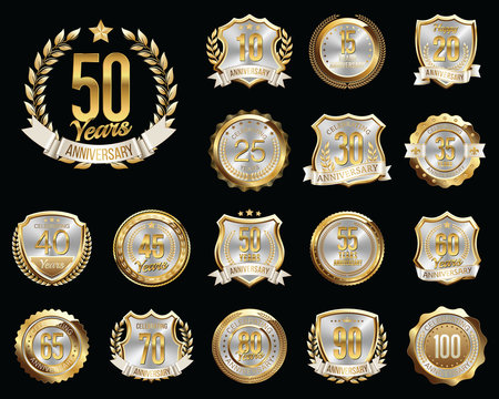 Set of Golden Anniversary Badges. Set of Golden Anniversary Signs.
Gold and Silver. 