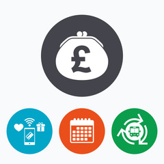 Wallet pound sign icon. Cash bag symbol.