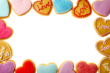 Colorful Valentine heart cookies isolated on white