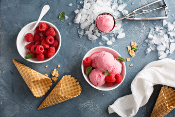 Raspberry ice cream in white bowl