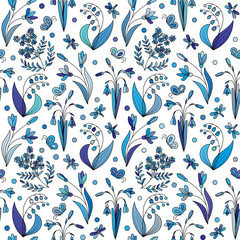 Fototapeta premium Beautiful vintage seamless pattern with colorful wild spring flowers on a white background. Wild spring lily, primrose, snowdrop, forget-me. Vector illustration. Violet lilac green background.