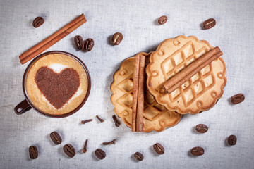 Espresso, cinnamon,heart, latte, cloves, cookies with chocolate