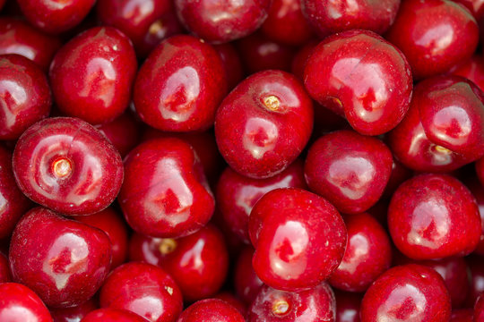 viele rote reife Kirschen auf einem Haufen
