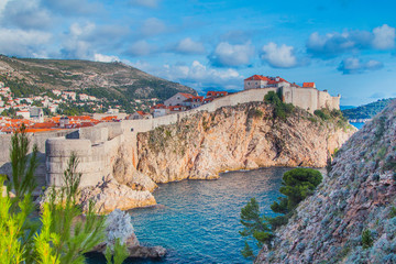 Fototapeta na wymiar Panorama of the city of Dubrovnik, UNESCO site, old defense walls, fortress Bokar 