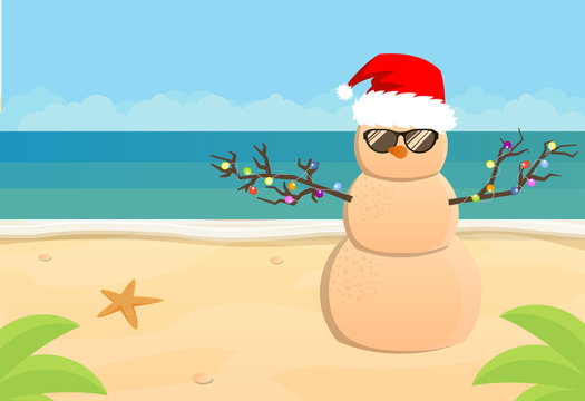 Snowman Santa Claus on a sandy tropical beach