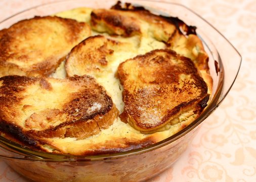 Typical Czech baked cake with cheese, apples, eggs and bread. The name of this cake is Zemlovka also known as Zeml baba.