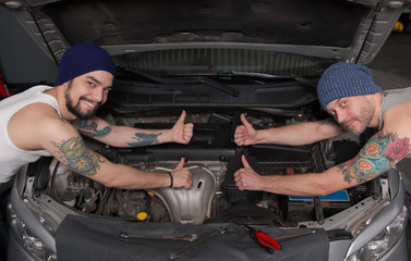 Workers at service station