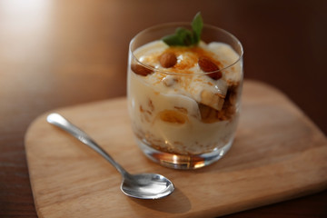 Tasty granola on table in cafe or restaurant