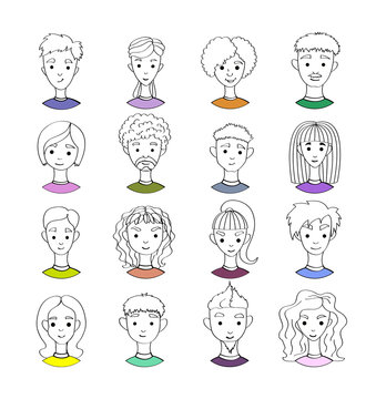 Set 16 vector freehand drawing outline different people's faces