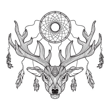 Deer head with horns and dreamcatcher