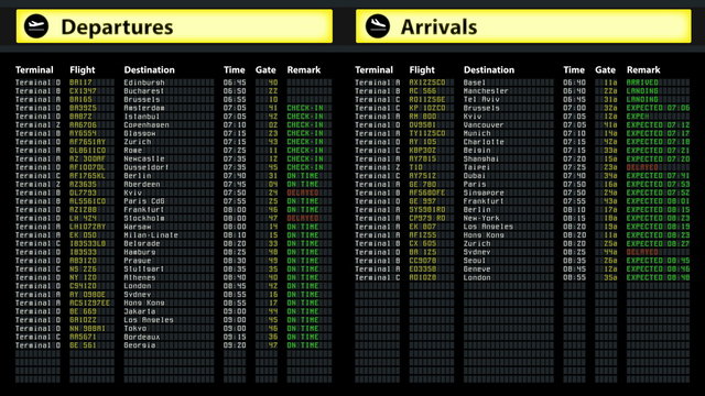 Airport timetable arrivals and departures board with changing flight information

