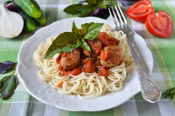 Spaghetti with tomato sauce and meatballs