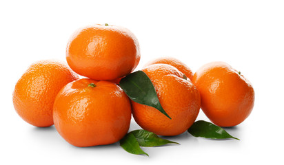 Seven fresh tangerines isolated on white background, close up