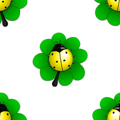 Seamless pattern with yellow ladybug on the green leave