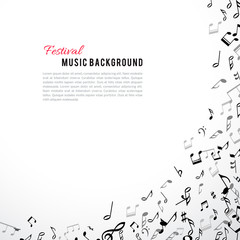 Abstract musical frame and border with black notes on white background.
