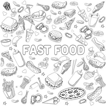 Fast food coloring book design vector line art