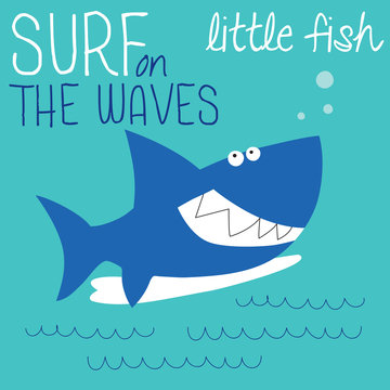cute shark surfing vector illustration