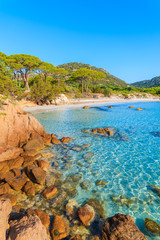 Zandig mooi Palombaggia-strand met azuurblauw zeewater, het eiland van Corsica, Frankrijk