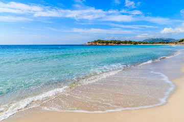Fototapeta na wymiar Sea wave on beautiful Palombaggia beach, Corsica island, France